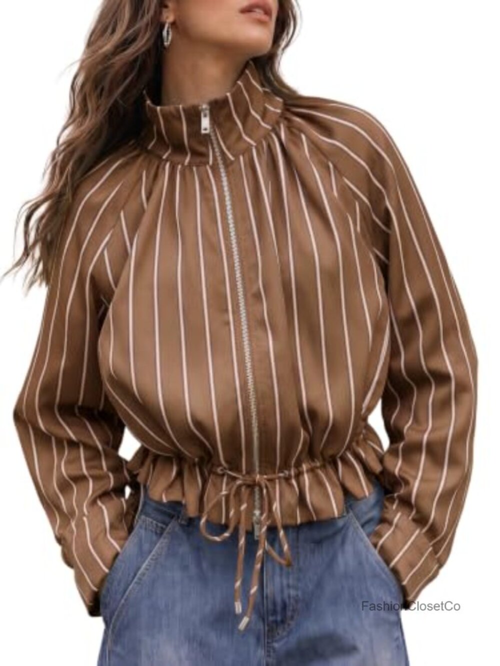 Striped Cropped Zip-Up Jacket Long Sleeve Stand Collar Casual